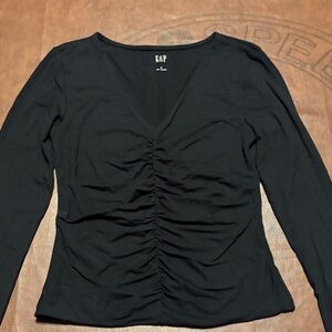 GAP Black Ruched V-Neck Long Sleeve Top - Women's